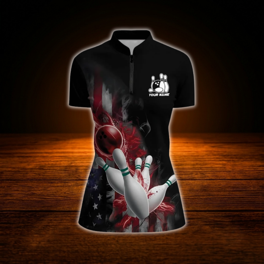 Custom Flame USA Flag Bowling Jersey For Women, Custom Patriotic Bowling Team Shirt Ladies