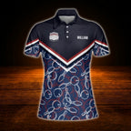 Women's Custom Name Navy Blue Bowling Polo Shirt, Custom Bowling Shirt For Ladies