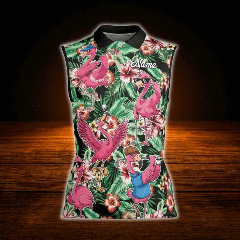 Personalized Talk Birdie To Me Tropical Flamingo Golf Sleeveless Shirt For Women, Custom Flamingo Golf Shirt For Ladies