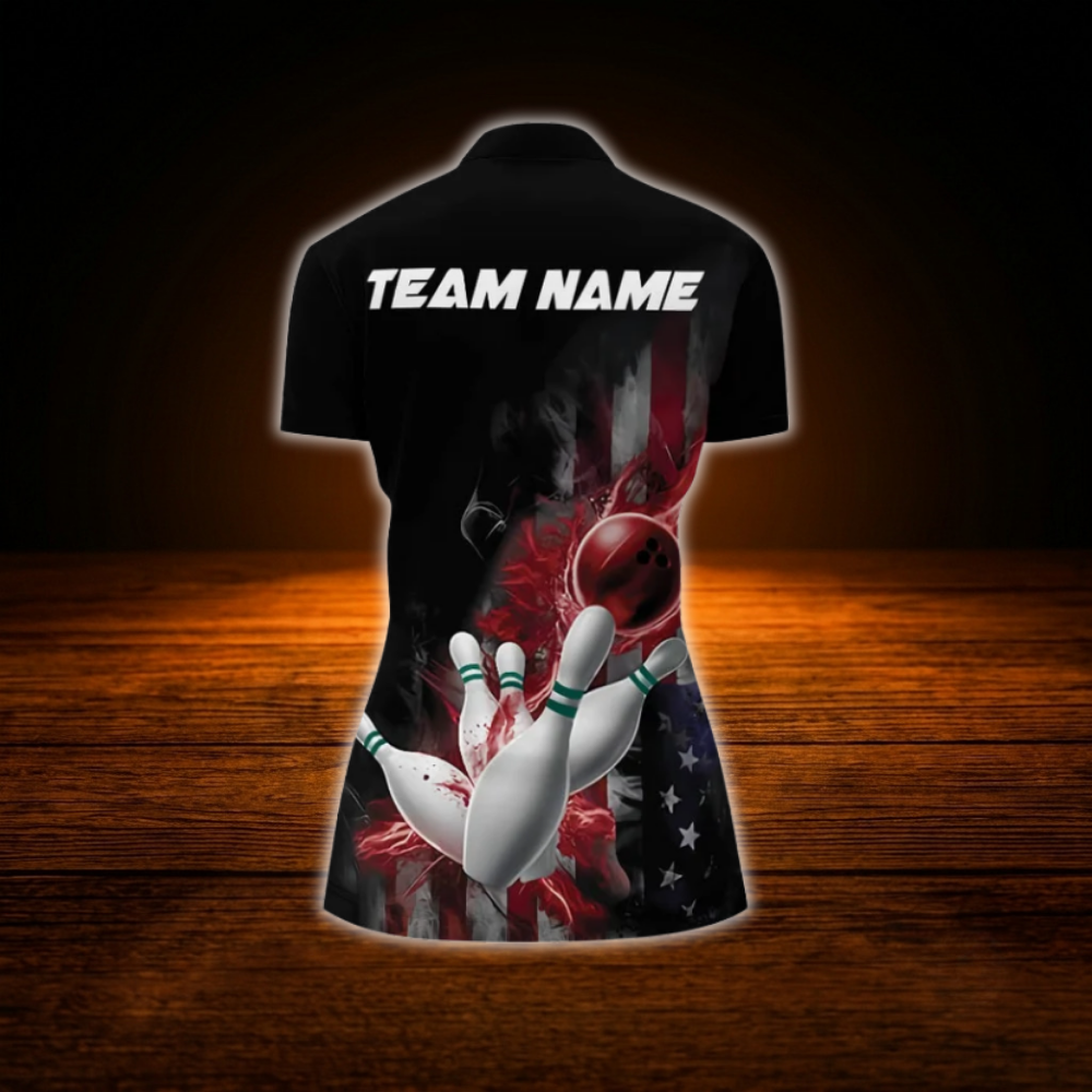 Custom Flame USA Flag Bowling Jersey For Women, Custom Patriotic Bowling Team Shirt Ladies