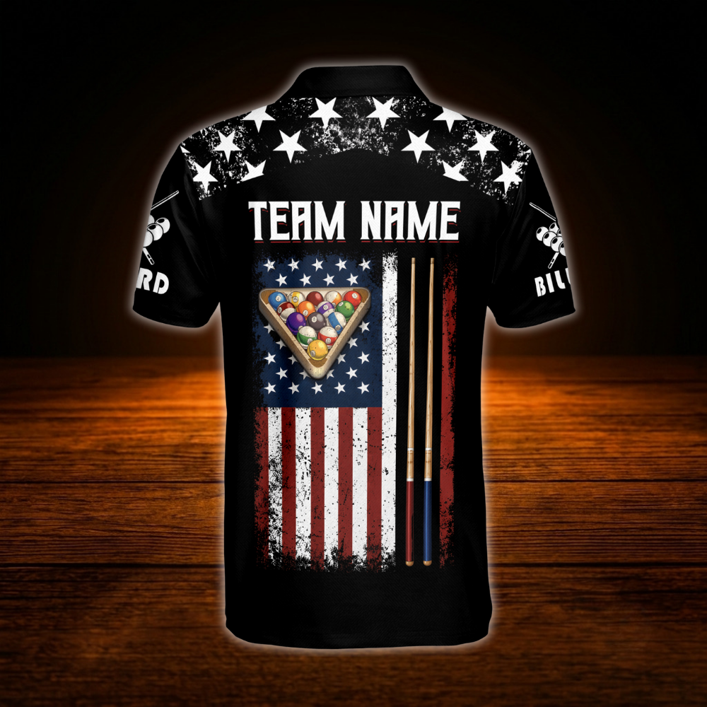 Custom American Flag Mens Black Billiard Polo Shirts, Custom Patriotic Billiard Team Shirts