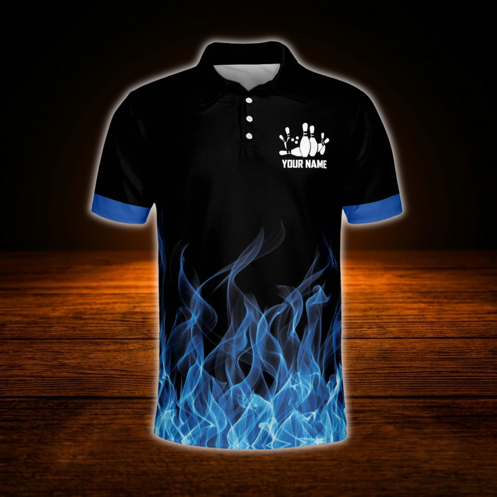 Custom Blue Flame Men's Bowling Polo Shirts, Custom Flame Bowling Shirts Team
