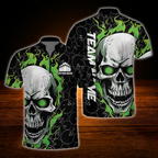 Custom Flaming Skull Men's Green Black Bowling Jersey, Custom Skull Bowling Shirt Team