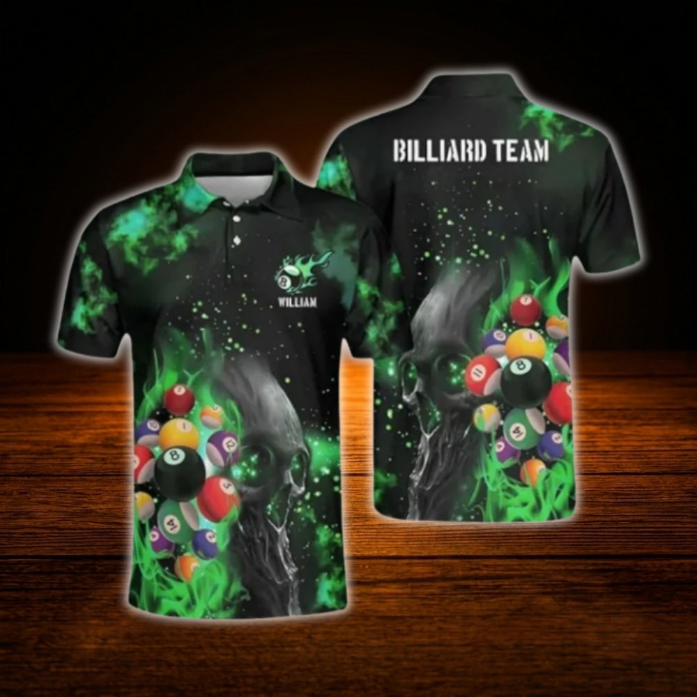 Skull Flaming Custom Mens Billiard Polo Shirt, Custom Skull Billiard Team Shirt