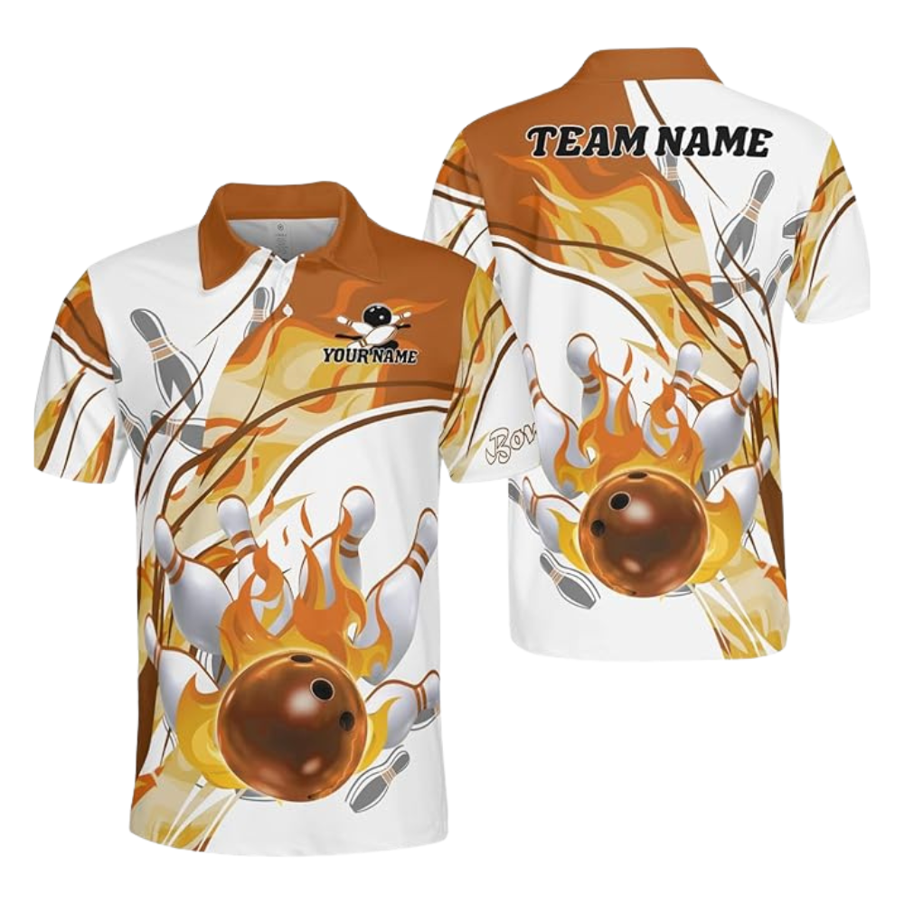 Custom Red Flame Bowling Polo Shirt For Men, Custom Flame Bowling Team Shirt BZ0006