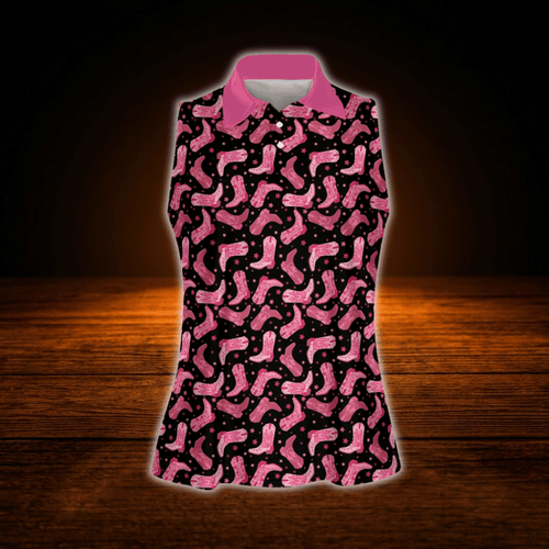 Cowgirl Black And Pink Women's Sleeveless Golf Shirt, Western Golf Shirt For Women