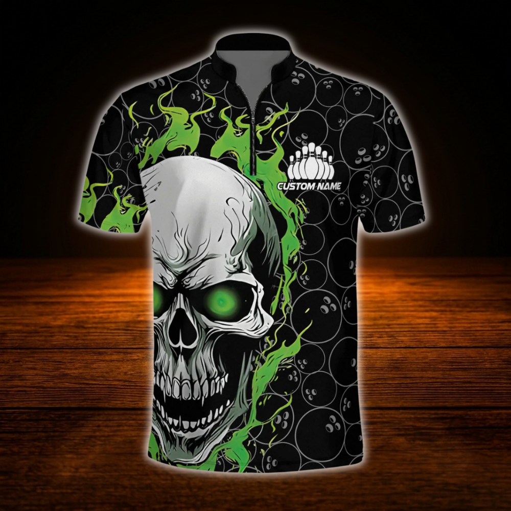 Custom Flaming Skull Men's Green Black Bowling Jersey, Custom Skull Bowling Shirt Team