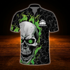 Custom Flaming Skull Men's Green Black Bowling Jersey, Custom Skull Bowling Shirt Team