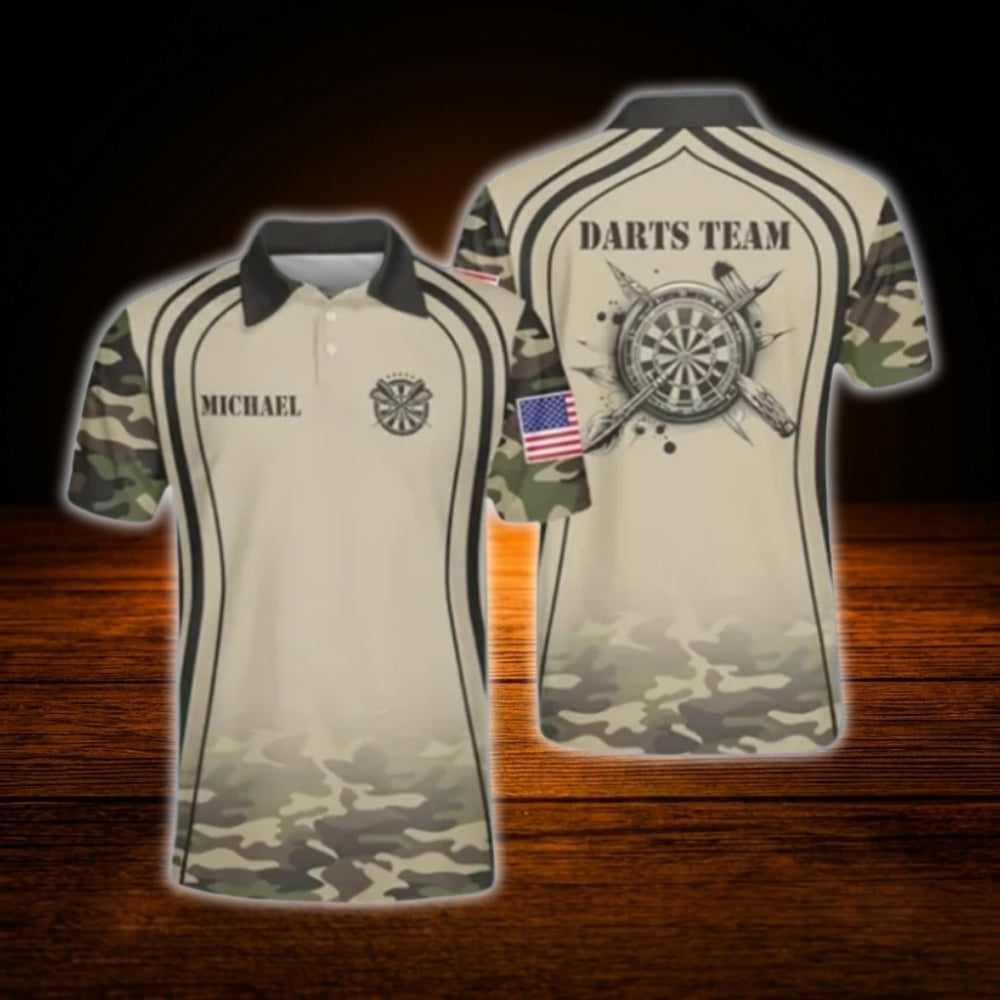 Custom Camo Brown Darts Polo Shirt Men, Custom Camo Dart Team Shirt