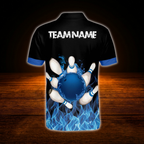 Custom Blue Flame Men's Bowling Polo Shirts, Custom Flame Bowling Shirts Team