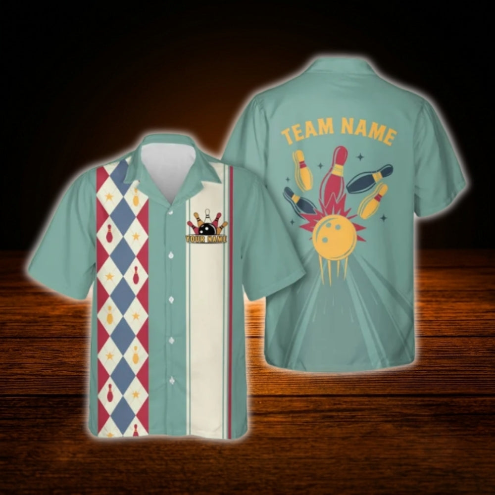 Custom Mint Argyle Bowling Hawaiian Shirt Men Women, Custom Retro Bowling Shirt Team