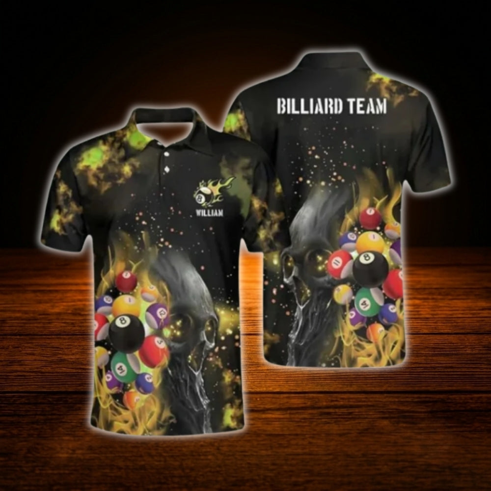 Skull Flaming Custom Mens Billiard Polo Shirt, Custom Skull Billiard Team Shirt