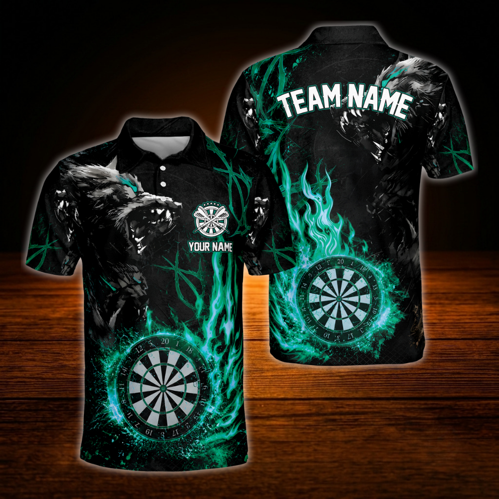 Custom Wolf Blue Flame Dart Polo Shirt For Men, Personalized Wolf Dart Team Shirts