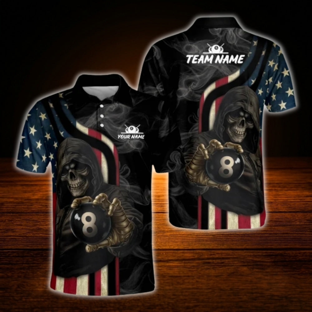 Custom Skeleton American Flag Billiard Polo Shirt, Custom Skull Billiard Team Shirt