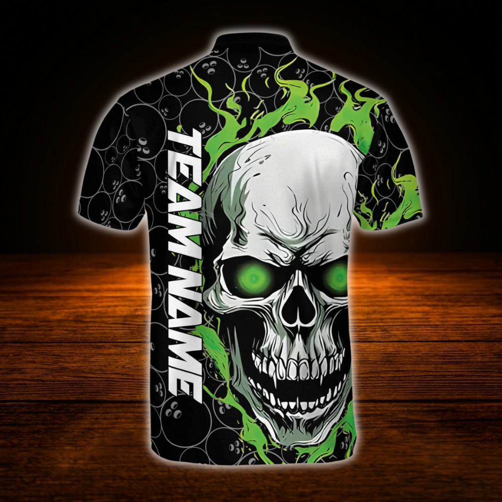 Custom Flaming Skull Men's Green Black Bowling Jersey, Custom Skull Bowling Shirt Team