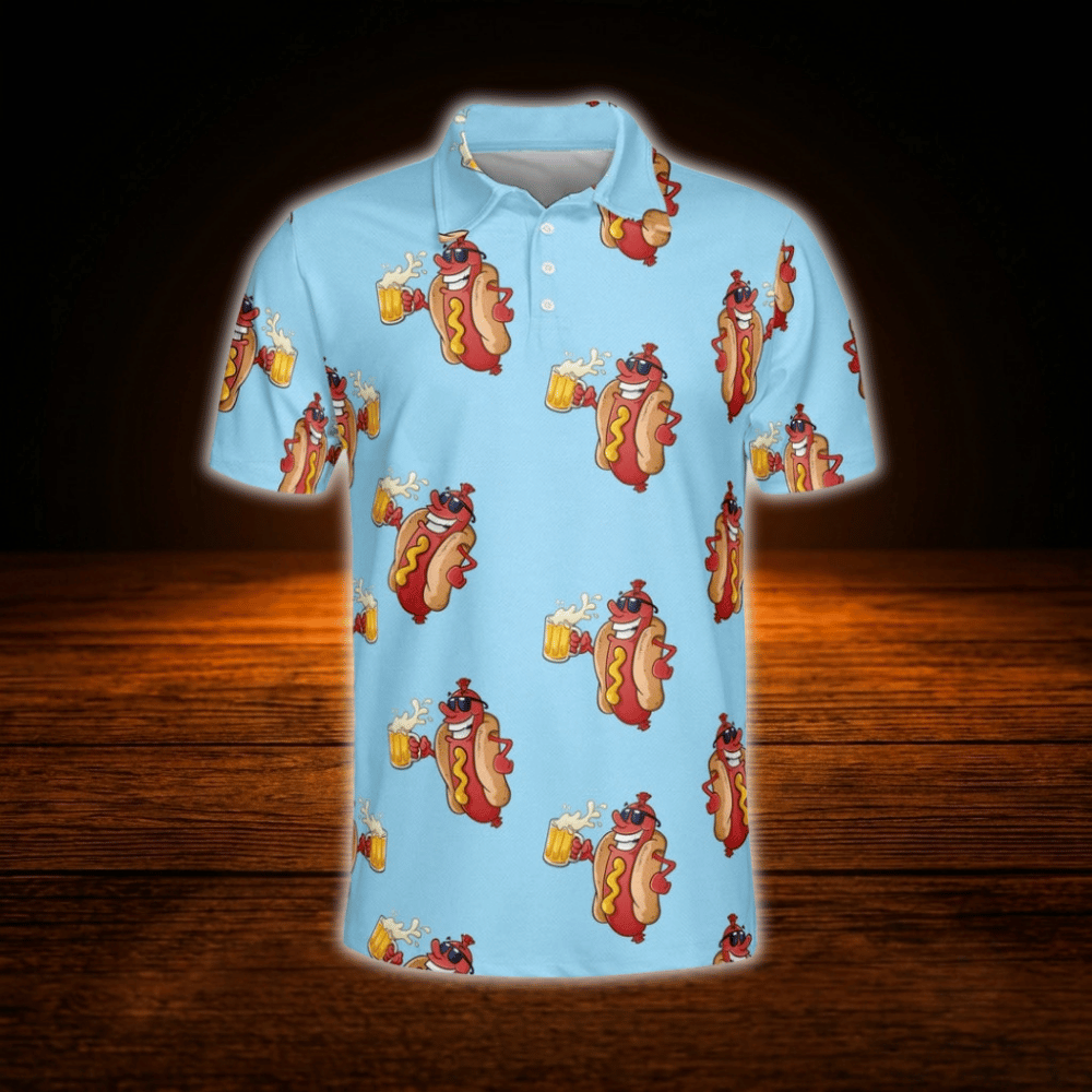 Funny Hot Dog Beer Blue Golf Polo Shirts Mens, Hot Dog Golf Shirts