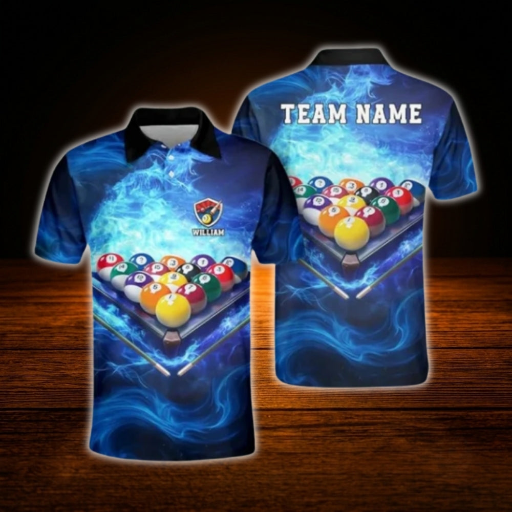 Custom Flame Blue Billiard Polo Shirt Men, Custom Team Flame Billiard Shirt