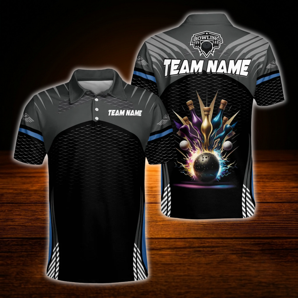 Custom Team Black Polo Bowling Men's Shirts, Custom Team Bowling Shirts