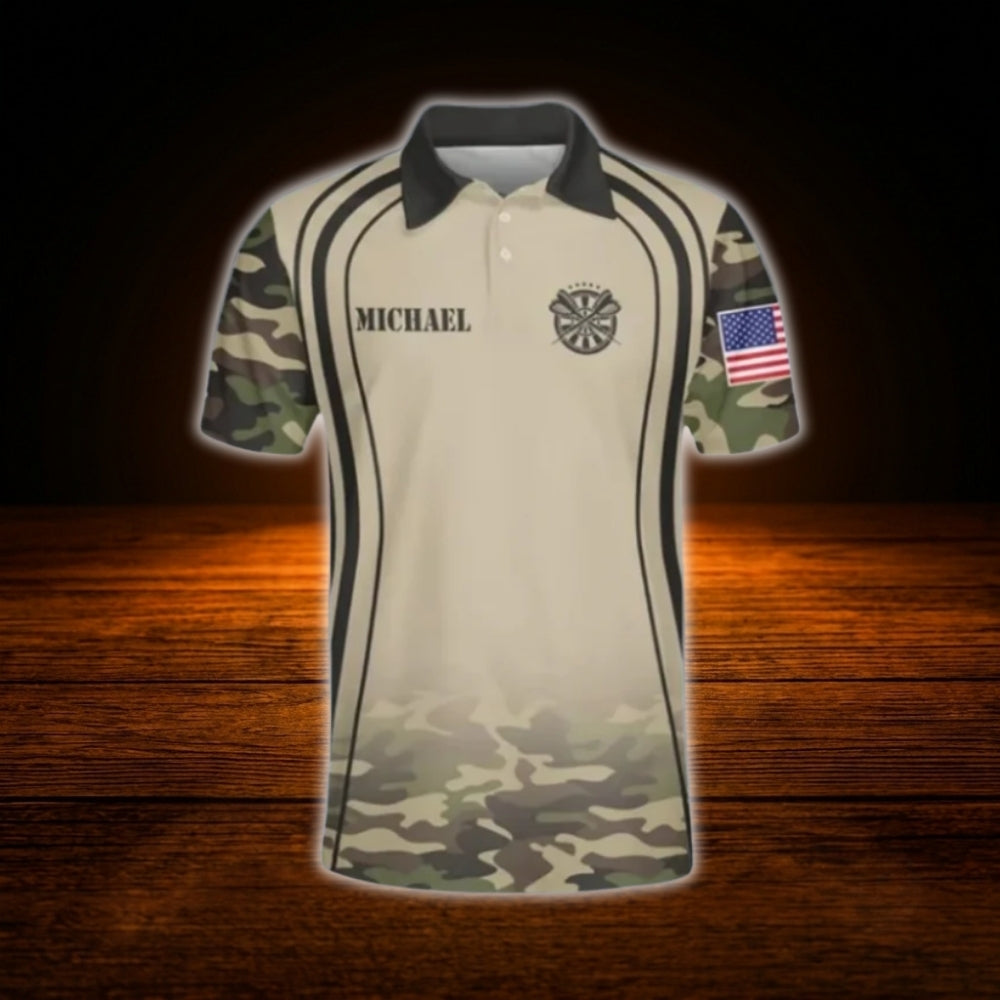 Custom Camo Brown Darts Polo Shirt Men, Custom Camo Dart Team Shirt