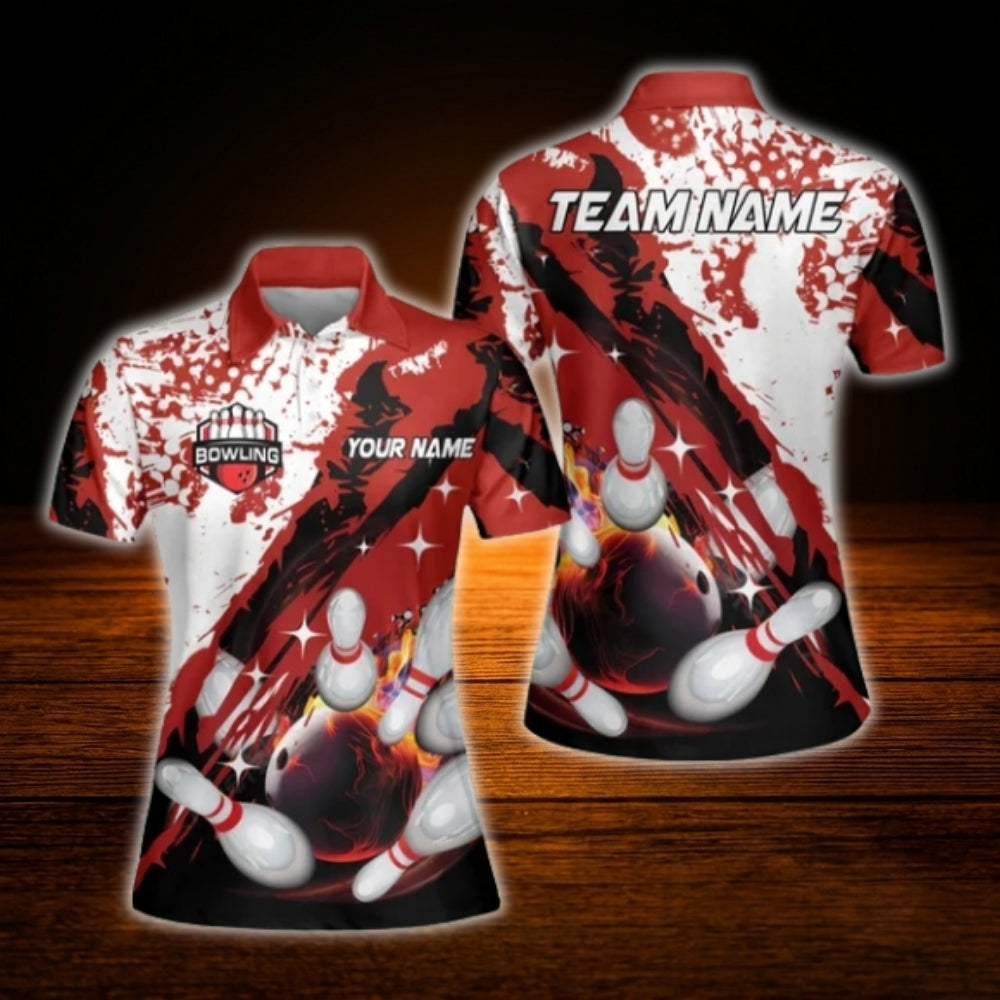 Custom Flaming Women's Red White Black Bowling Polo Shirt, Custom Flame Bowling Team Shirt Ladies