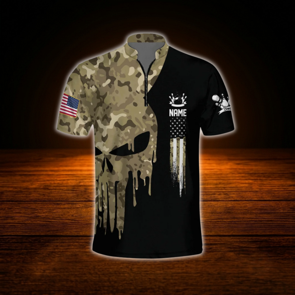 Custom Skull Brown Camo Men's Bowling Jersey, Custom Skull Bowling Shirt