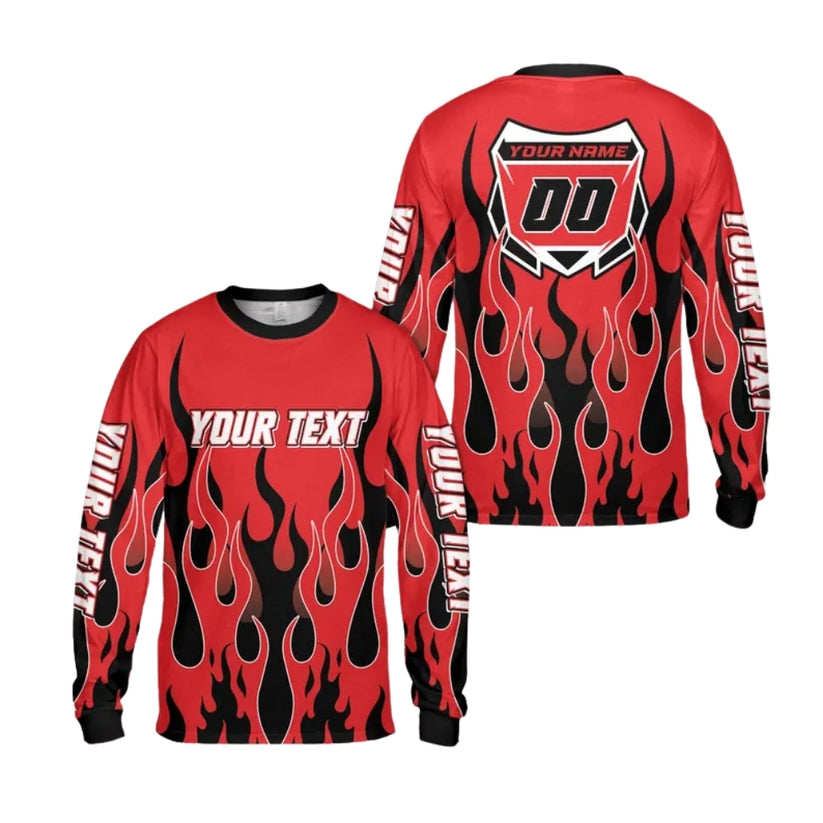 Custom Red Flame Dirt Bike Long Sleeve Jersey Shirt For Men, Custom Flame Dirt Bike Shirts ME0010
