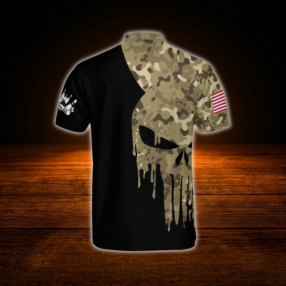 Custom Skull Brown Camo Men's Bowling Jersey, Custom Skull Bowling Shirt