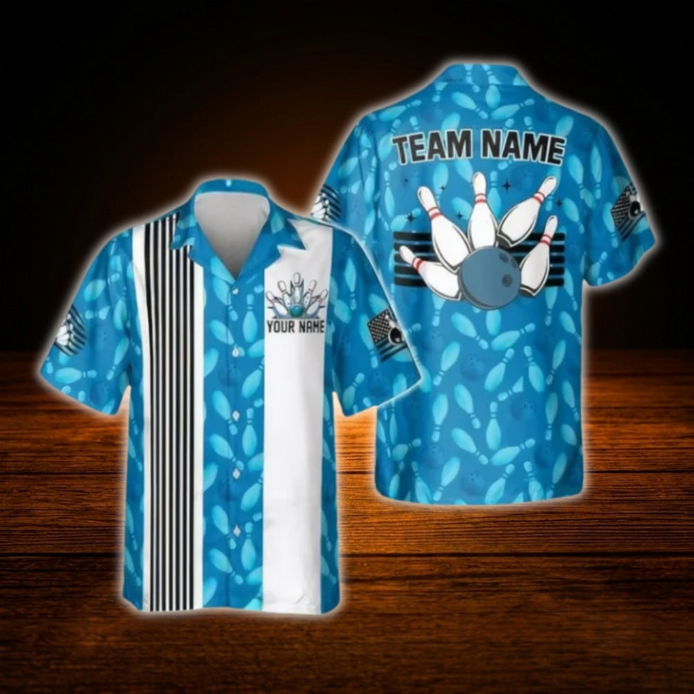 Custom Blue White Bowling Hawaiian Shirt, Custom Retro Bowling Shirt For Team