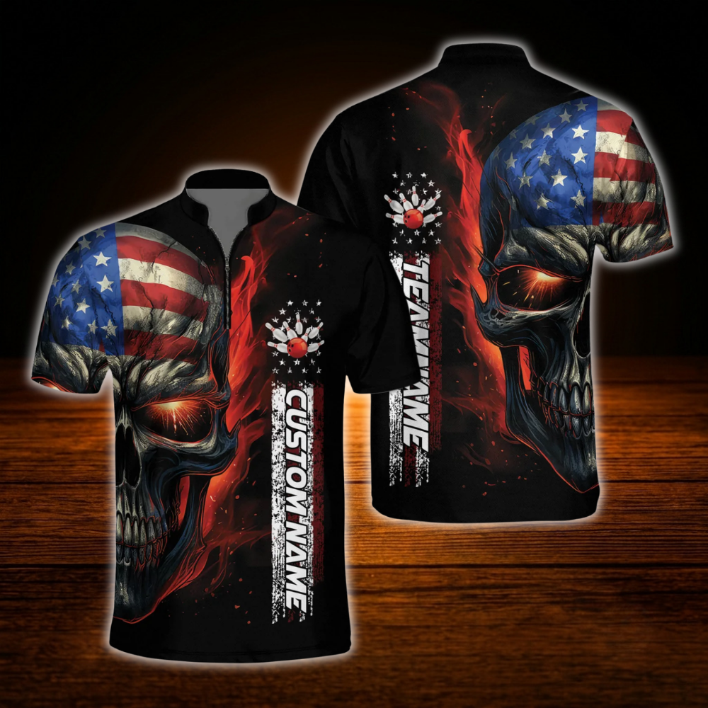 American Flag Skull Custom Mens Bowling Jersey, Custom Skull Bowling Team Shirt