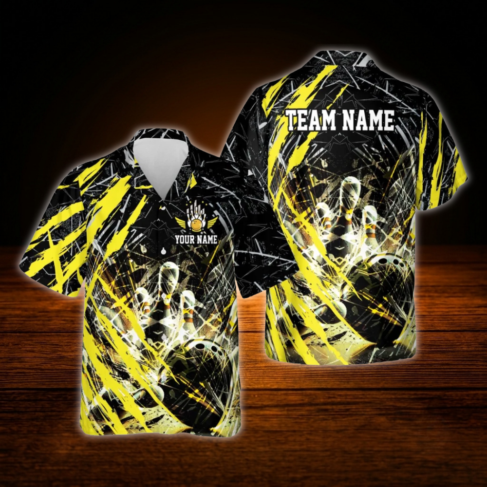 Custom Team Grunge Red Black Bowling Hawaiian Shirt For Men, Custom Bowling Team Shirt