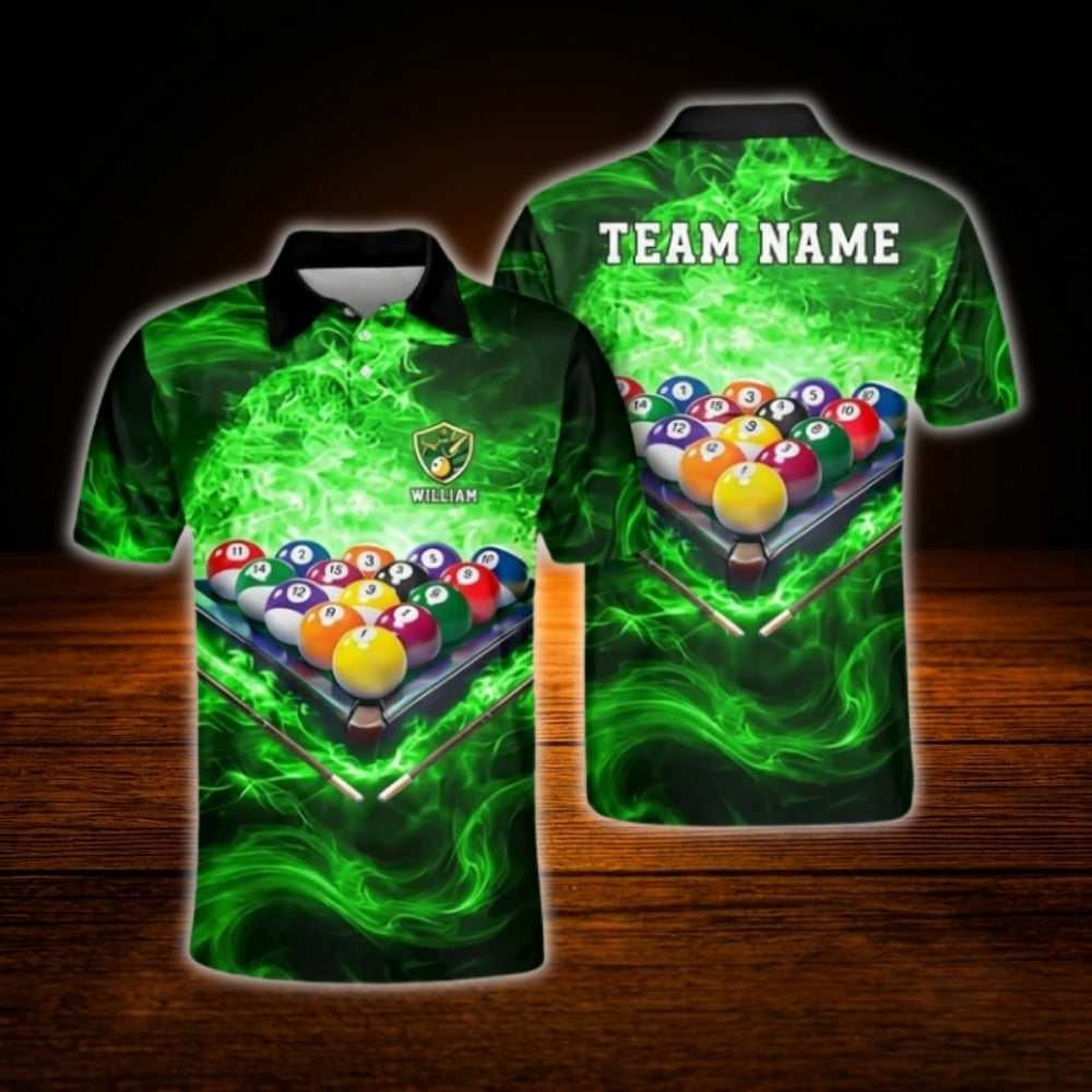Custom Flame Blue Billiard Polo Shirt Men, Custom Team Flame Billiard Shirt