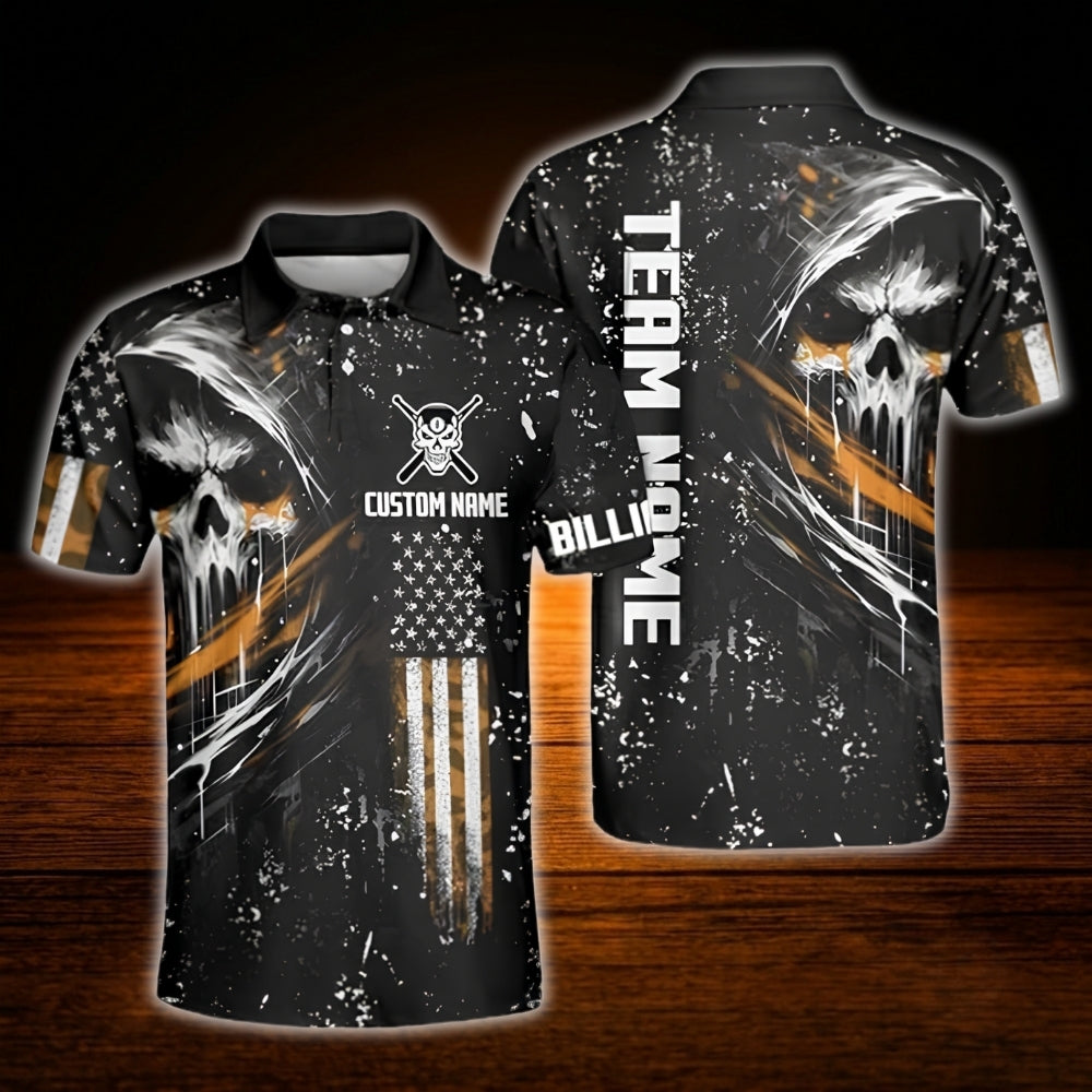 Custom Skeleton Men's Black Red Billiard Polo Shirt, Custom Skull Billiard Shirt Team