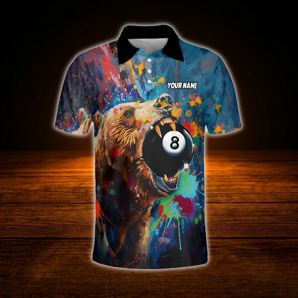 Bear 8 Ball Custom Watercolor Billiard Men Polo Shirt, Custom Bear Billiard Team Shirt