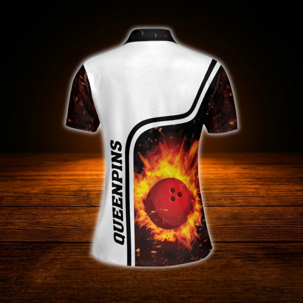Queen Pins Custom Flame Bowling Polo Shirts For Women, Custom Flame Bowling Shirts For Women