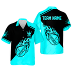 Custom Flame Strike Ball Red And Black Hawaiian Bowling Shirts For Men, Custom Flame Bowling Team Shirts BE0086
