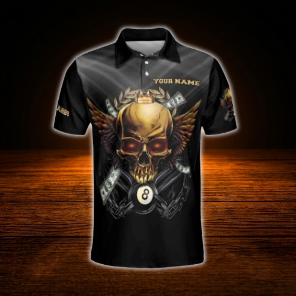 Custom Golden Skull Billiard Polo Shirt For Men, Custom Skull Team Billiard Shirt