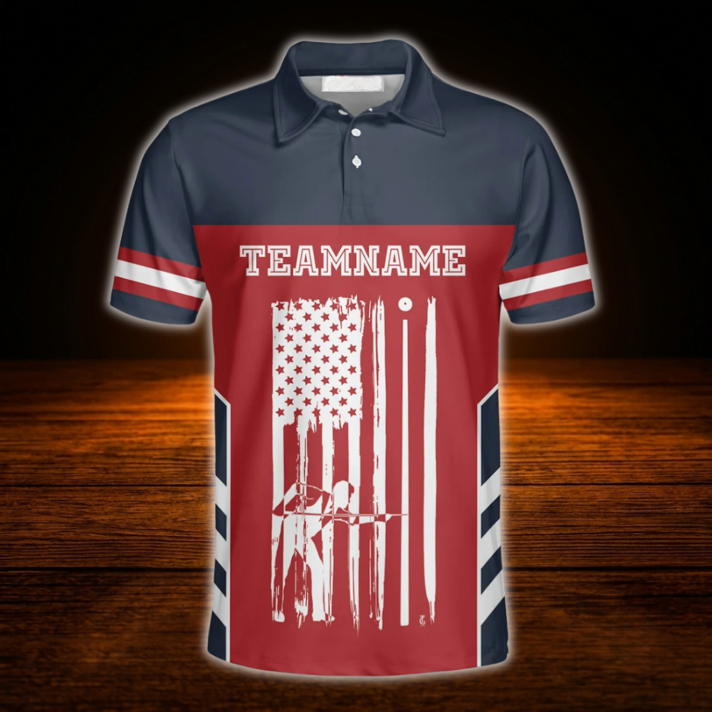 Skull USA Flag Custom Red Navy Billiard Mens Polo Shirt, Custom Skull Billiard Team Shirt