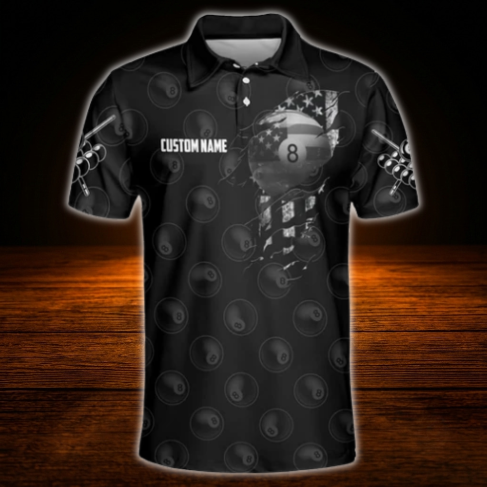 8 Ball USA Flag Custom Black Billiard Polo Shirt For Men, Custom Patriotic Billiard Shirt For Team