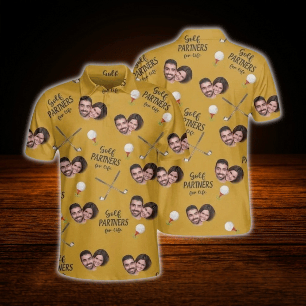 Golf Partners For Life Custom Face Matching Golf Polo Shirt For Men And Women, Custom Photo Couples Golf Shirts