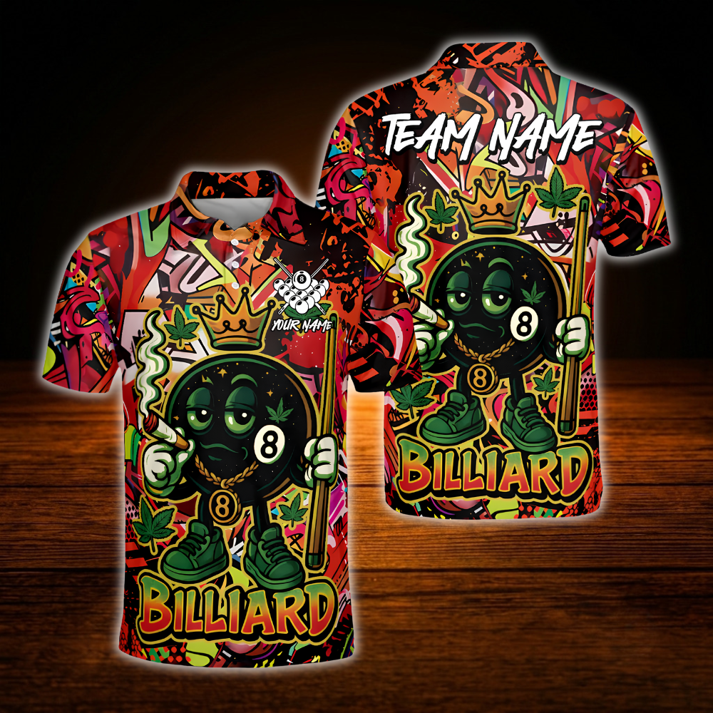 Custom Funny 8 Ball Smoking Men's Billiard Polo Shirt Green Graffiti, Custom 8 Ball Team Billiard Shirt