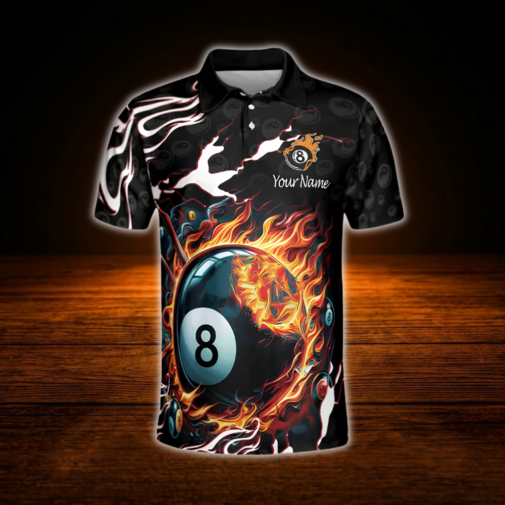 Flaming 8 Ball Custom Name Billiard Polo Shirt, Custom Flame Billiard Shirt