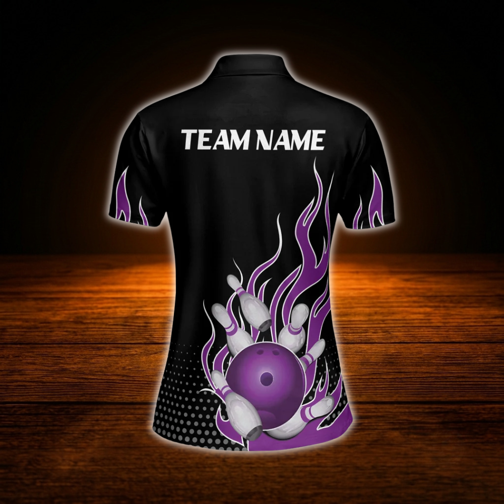 Custom Flame Purple Women Bowling Polo Shirts, Custom Flame Bowling Team Shirts Ladies