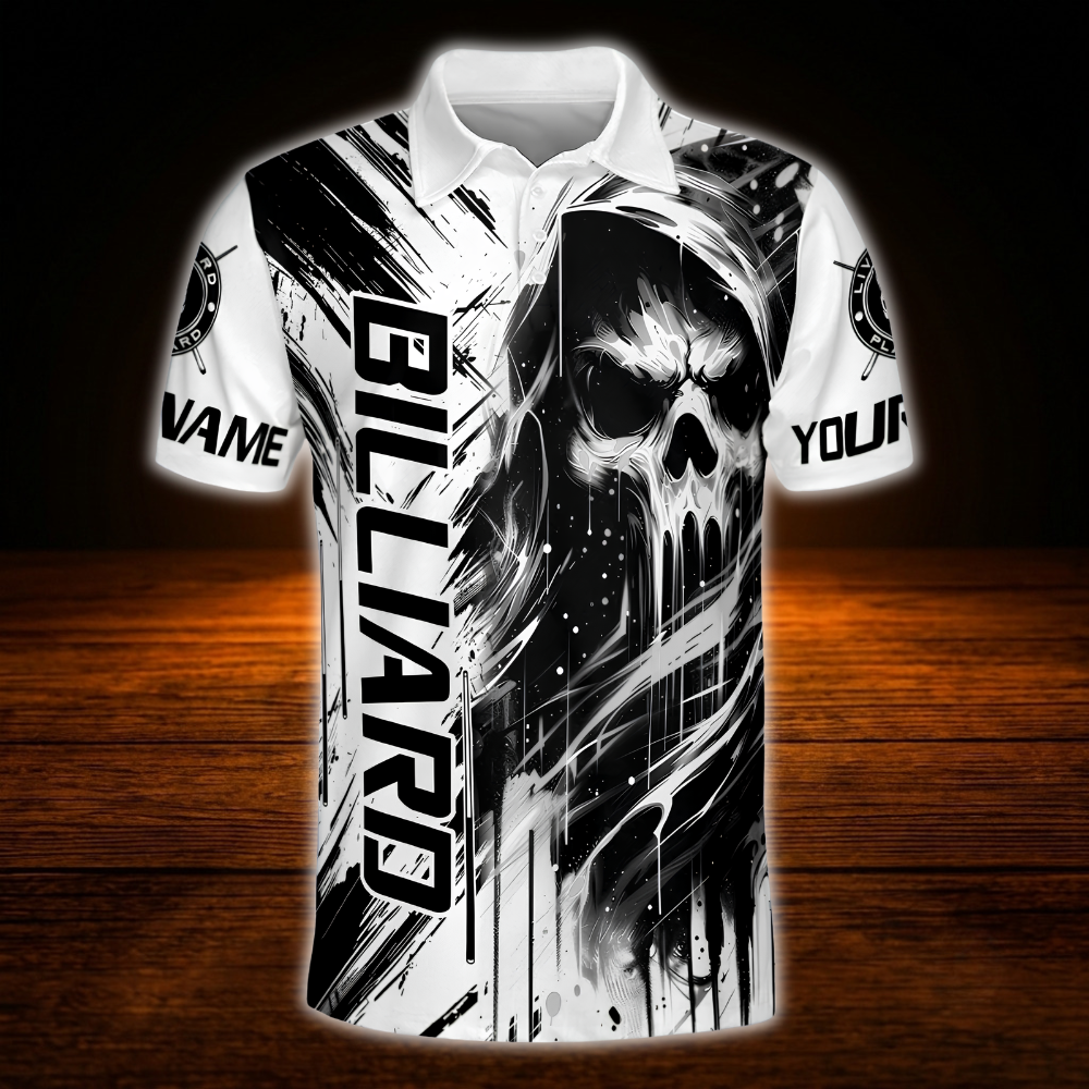 Men's Custom Skull Black White Billiard Polo Shirt, Custom Skull Billiard Team Shirts