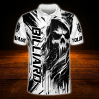 Men's Custom Skull Black White Billiard Polo Shirt, Custom Skull Billiard Team Shirts