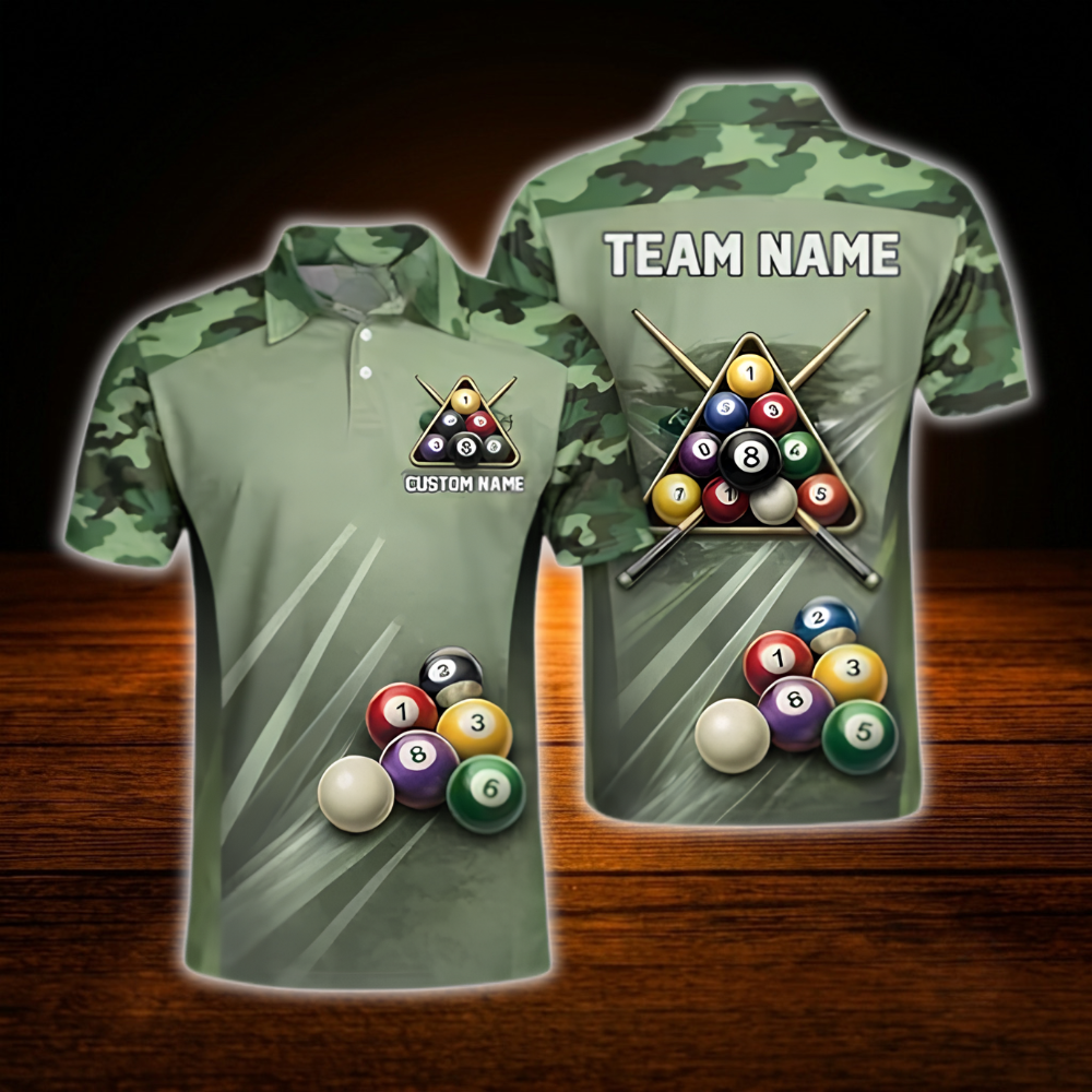 Custom Camouflage Green Billiard Men Polo Shirt, Custom Camo Billiard Shirt For Team