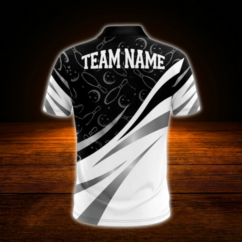Custom Team White Black Bowling Polo Shirts Mens, Custom Team Bowling Shirt