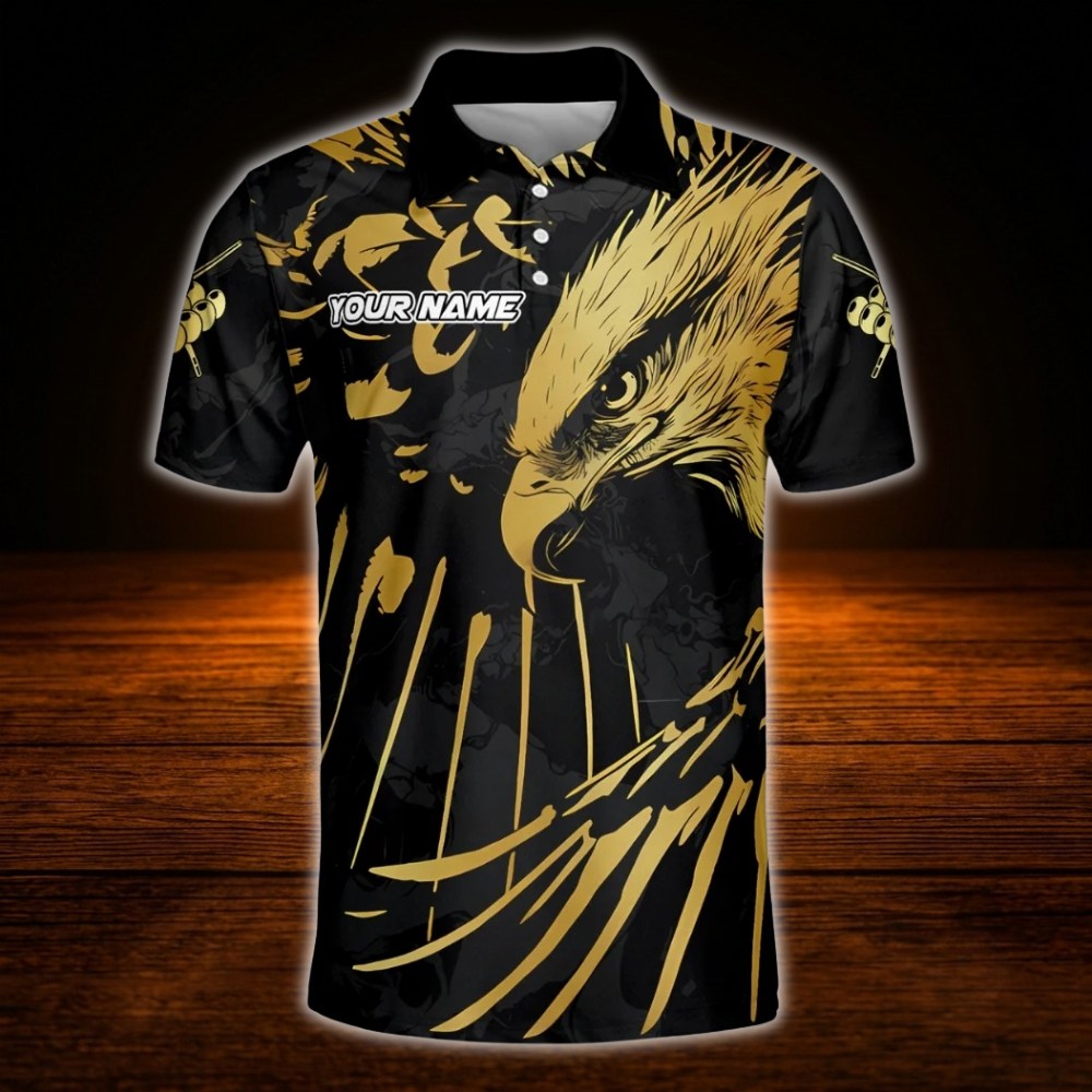 Custom Eagle Gold Black Billiard Polo Shirt Men, Custom Eagle Team Billiard Shirt