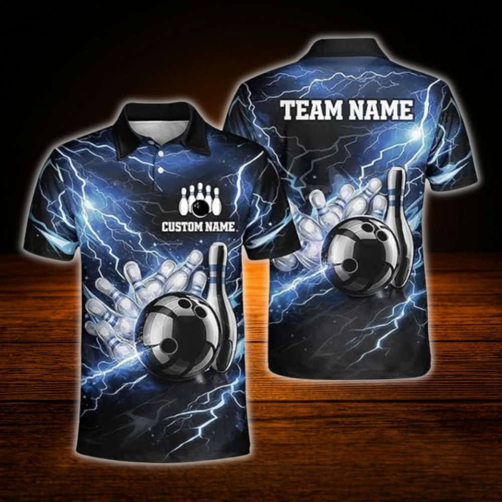 Custom Thunder Red Black Bowling Polo Shirts Mens, Custom Thunder Bowling Team Shirts