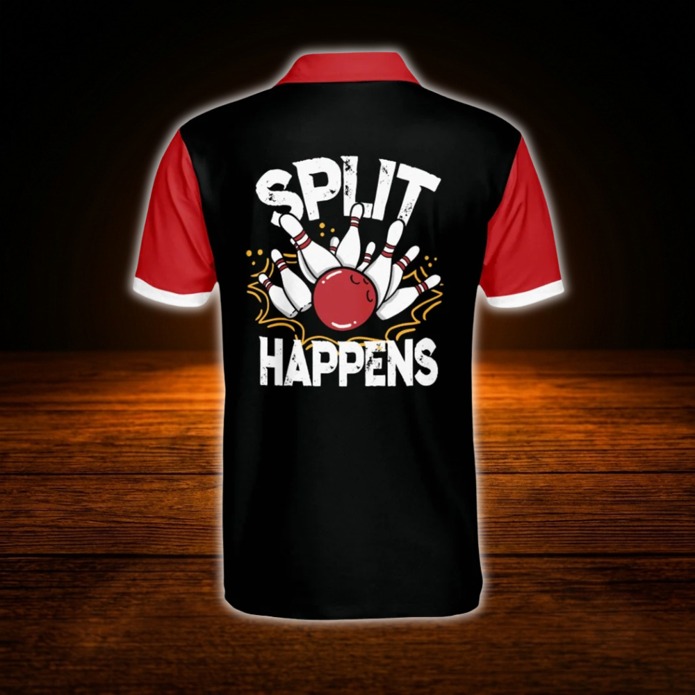 Custom Split Happens Red And Black Bowling Polo Shirts For Men, Custom Funny Bowling Shirts
