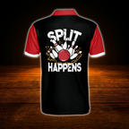 Custom Split Happens Red And Black Bowling Polo Shirts For Men, Custom Funny Bowling Shirts